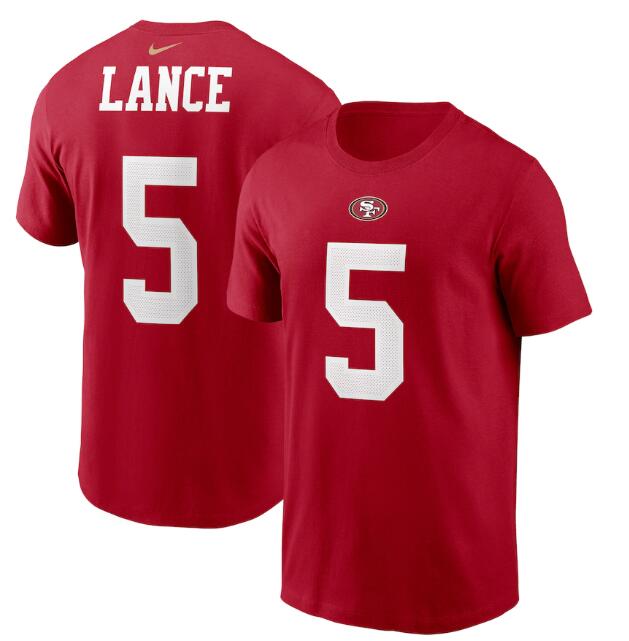 Men's San Francisco 49ers #5 Trey Lance 2021 Scarlet NFL Draft First Round Pick Player Name & Number T-Shirt